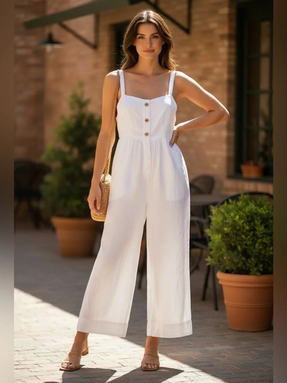 Onia Women's White 100% Linen Button Front Wide Leg Jumpsuit Size M